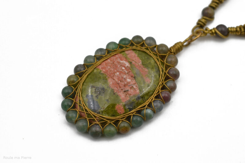 Collier Unakite sertie de perles d'Agate