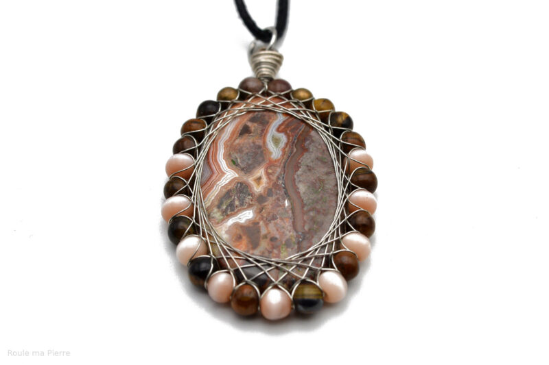 Pendentif Agate Crazy Lace Oeil de Tigre et Oeil de Chat