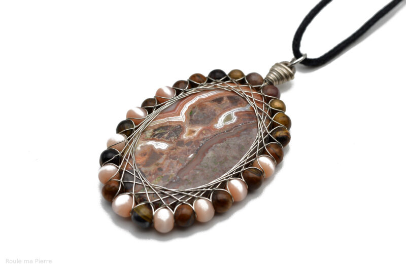 Pendentif Agate Crazy Lace Oeil de Tigre et Oeil de Chat