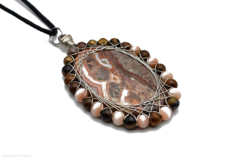 Pendentif Agate Crazy Lace Oeil de Tigre et Oeil de Chat